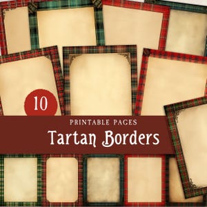 Junk Journal Pages Tartan, Schotse Grimoire-pagina's patroon, rode en groene geruite randen, afdrukbaar Schotland digitaal scrapbookpapier