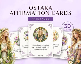 Carte di affermazione di Ostara, mazzo di carte stampabili della Ruota dell'anno, messaggi positivi per la Pasqua pagana, spunti spirituali per l'equinozio di primavera