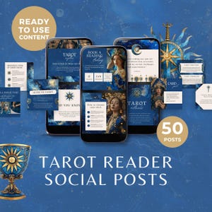 Ritratto di post Instagram di lettore di tarocchi, modello Canva per lettura dei tarocchi blu e oro, contenuto del feed di Facebook per social media per attività spirituali