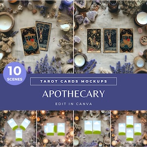 Boticario de maquetas de cartas de tarot, plantillas de Canva de flores para lectura de tarot, fondo digital brujo y flatlay floral para negocios espirituales