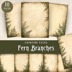Könnte beinhalten: Zehn druckbare Seiten mit einem Vintage-Hintergrund aus gealtertem Papier und einem Rand aus Farnzweigen. Der Text "Grimoire Pages Fern Branches" befindet sich oben im Bild.