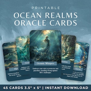 Baralho de cartas de oráculo do oceano para impressão, cartas submarinas com criaturas místicas, baralho de oráculo temático subaquático e náutico, download digital