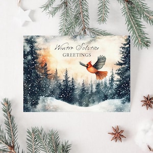 Tarjeta imprimible para el solsticio de invierno, postal navideña con pájaro cardenal rojo, estampado de animales para las fiestas navideñas paganas, saludos festivos para la temporada navideña