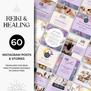 Könnte beinhalten: Eine violette und weiße Grafikdesign-Vorlage für soziale Medien mit dem Text "Reiki & Healing" und "60 Instagram-Posts & Stories". Die Vorlage ist für Reiki-Praktizierende konzipiert und in Canva bearbeitbar.