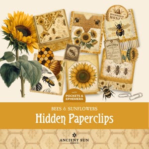 May include: A collection of paper ephemera featuring sunflowers and bees, including pockets, tags, and a large sunflower illustration. The text reads: BEES & SUNFLOWER Hidden Paperclips, with POCKETS & EPHEMERA and ANCIENT SUN DESIGN.