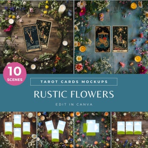 Flores de maqueta de cartas del tarot, plantillas florales de Canva para la lectura del tarot, fondo digital brujo y flatlay de verano para negocios espirituales