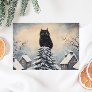 Yule Cat Christmas Card, Wydrukowana pocztówka z okazji zimowego przesilenia, Alternatywna świąteczna kartka z pozdrowieniami, Wydruk krajobrazu Snowy Village