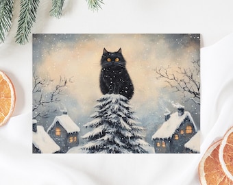 Yule Cat Christmas Card, Printable Winter Solstice Pagan Postcard, Alternative Xmas Holiday Greeting Card, Snowy Village Landscape Print