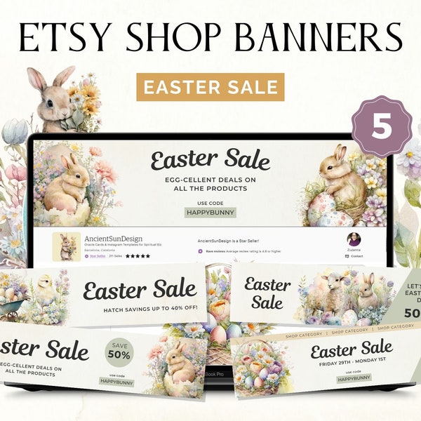 Etsy Shop Banner Easter Sale, Seasonal Banners Bundle, Spring Promotion Graphics, Vintage Bunny & Eggs Store Cover, Editable Canva Templates