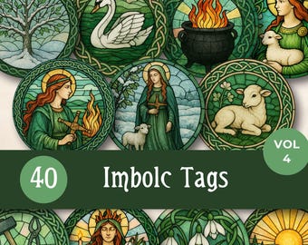 Etichette rotonde Imbolc, decorazione per altare stampabile della dea Brigida, scrapbooking di vetrate pagane, etichette regalo stregonesche e materiale effimero circolare