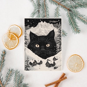 Yule Cat Christmas Card, Wydrukowana pocztówka z okazji zimowego przesilenia, Alternatywna świąteczna kartka z pozdrowieniami, Islandzki folklor zwierzęcy