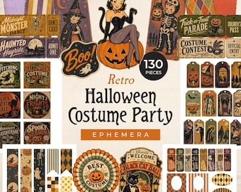 Retro Halloween Ephemera Kit, Printable Trick or Treat Labels for Scrapbooking, Spooky Junk Journal Inserts & Pumpkin Vintage Tags JJ007