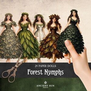Puede incluir: Un conjunto de muñecas de papel, cada una adornada con vestidos con forma de hojas y coronas florales. Las muñecas presentan tonos de verde, marrón y blanco. Se muestra el texto "Forest Nymphs" y "24 PAPER DOLLS". Un par de tijeras está en primer plano.