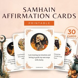 May include: A set of 30 printable Samhain affirmation cards featuring illustrations of a skeleton, owls, and a pumpkin. Each white card has orange decorative corners and text. The central card reads, I am trusting my intuition and letting it guide my next steps with clarity.