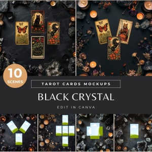 Tarot Karten Mockup Schwarz, Dunkel Elegante Canva Vorlagen für Tarot Legung, Witchy Digitaler Hintergrund & Spooky Flatlay für Spiritual Business