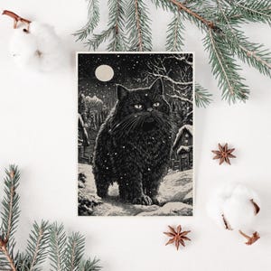 Tarjeta navideña con gato de Yule, tarjeta de felicitación imprimible con animales del solsticio de invierno, impresión de folclore islandés de festividad pagana, postal navideña alternativa