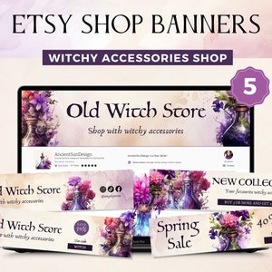 Puede incluir: Cinco banners de tienda Etsy para una tienda de accesorios de bruja. Las pancartas presentan ilustraciones de acuarela de botellas, flores y el texto "Old Witch Store". Una pancarta anuncia una venta de primavera, otra anuncia una nueva colección y otra anuncia una venta del 50% de descuento.