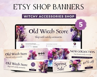 Etsy Shop Banner Pink Purple, Witchy Store Banners with Watercolor Potion Bottles, Colorful Shop Cover for Witches, Editable Canva Templates