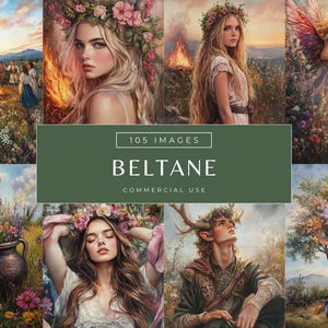 Beltane Sabbat Images, kit de scrapbooking imprimable Reine de mai et homme vert, ensemble de journaux indésirables de la mythologie celtique païenne, papier numérique wicca JPG