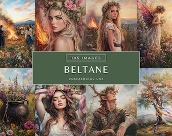 Beltane Sabbat-afbeeldingen, May Queen & Green Man afdrukbare scrapbooking Kit, heidense Keltische mythologie ongewenste dagboekset, Wicca digitaal papier JPG