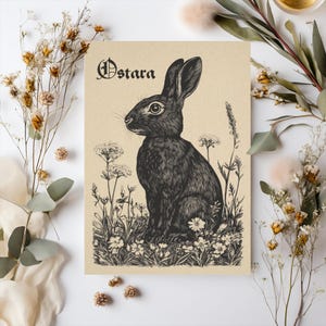 Biglietto di auguri Ostara Hare stampabile, biglietto di auguri Pagan Rabbit, cartolina di Pasqua con linoleografia Sabbat, decorazione minimalista per l'altare dell'equinozio di primavera