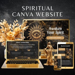 Spirituelle Canva Website, Schwarz & Gold Website Vorlage für Tarot Reader, mystische Business Landing Page, Coach und Heiler bearbeitbare Canva Web