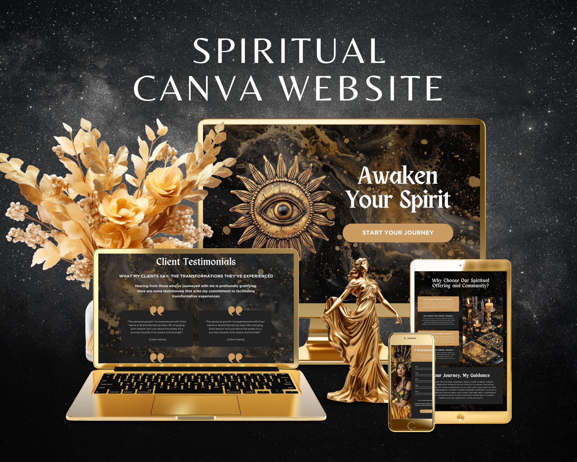 Spiritual Canva Website, Black & Gold Website Template for Tarot Reader, Mystical Business Landing Page, Coach and Healer Editable Canva Web