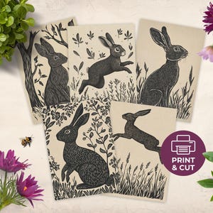 Juego de tarjetas de Ostara, tarjeta de felicitación de conejo pagano imprimible, postal de Sabbat de conejo de Pascua en linóleo, decoración minimalista para el altar del equinoccio de primavera