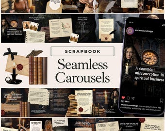 Modello di album di ritagli con carosello Instagram senza soluzione di continuità, post narrativi per i social media, contenuti estetici Dark Academia, design di collage malinconico