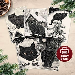 Juego de tarjetas navideñas con temática de gatos de Yule, tarjetas de felicitación navideñas paganas imprimibles, impresiones del folclore islandés del solsticio de invierno, postales navideñas alternativas
