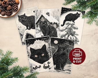 Yule Cat Holiday Cards Set, Printable Pagan Christmas Greeting Cards, Winter Solstice Icelandic Folklore Prints, Alternative Xmas Postcards