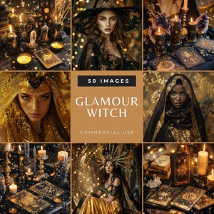 Photos de Femme spirituelle, images de lecture de tarot noir et or, Autel de sorcière avec cristaux dorés et bougies, photos de luxe mystique