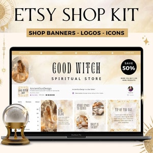 May include: A laptop computer screen displaying a website for a spiritual store called "Good Witch Spiritual Store". The website features a variety of products, including crystals, tarot cards, astrology readings, and candles. The website also has a blog and a "Tip of the Day" section. The laptop is on a white surface with a gold crystal ball in front of it.