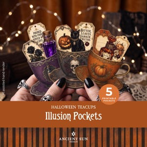 Puede incluir: Un conjunto de cinco bolsillos imprimibles con diseños de tazas de té de Halloween. Las ilustraciones incluyen tazas moradas, grises y naranjas decoradas con calaveras, calabazas, gatos negros, rosas y frascos, junto a etiquetas de estilo vintage.