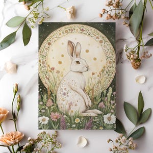 Spring Equinox Card Printable, Ostara Hare Greeting Card, Pagan Easter Bunny Postcard, Whimsical Rabbit Art Print, Sabbat Altar Decoration