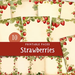 Journal rétro vintage aux fraises, bordures de pages de grimoire de fruits de printemps, papier imprimable Summer Cottagecore, ensemble de scrapbooking numérique