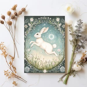 Ostara Hare Card Printable, Spring Equinox Greeting Card, Pagan Easter Bunny Postcard, White Rabbit Art Print, Easy Sabbat Altar Decoration