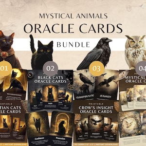 Spirit Animal Orakel Deck, Mystische Krähen & Eulen, Ägyptische und Schwarze Katzen Orakel Karten Bundle, Printable Dark Fantasy Raven Wahrsagung Werkzeug
