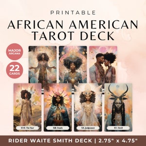 Mazzo di carte dei tarocchi afroamericani, Arcani maggiori dei tarocchi delle donne nere PNG, Mazzo di carte della dea Rider Waite Smith con tono della pelle scura stampabile, 22 carte RWS