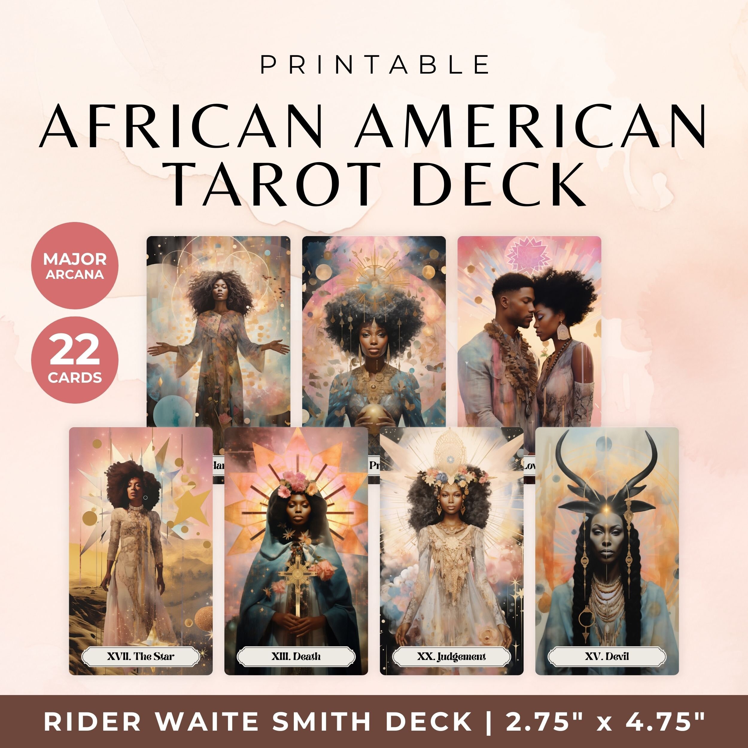 African American Tarot Card Deck, Major Arcana Black Women Tarot PNG, Printable Rider Waite Smith Dark Skin Tone Goddess Deck, 22 RWS Cards