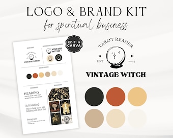 Witchy Branding Kit, Spirituelles Brand Board & Farbpalette, Vorgefertigtes Logo Design Pack, Vintage Business Grafik, Bearbeitbare Canva Vorlage