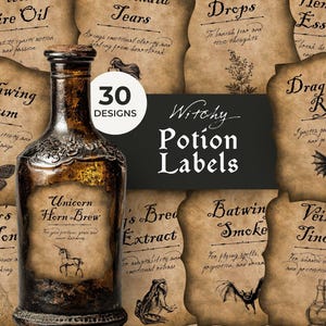 May include: A collection of vintage-style potion labels with a witchy theme. The labels are printed on aged paper and feature various names like "Unicorn Horn Brew" and "Dragonflar Resin." The image includes a bottle and the text "Witchy Potion Labels."