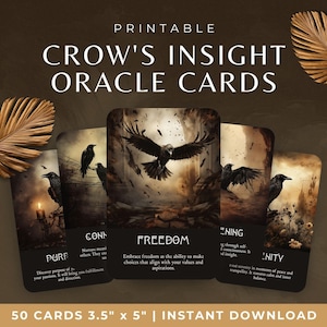 Oracle Deck Crow, cartes Oracle imprimables avec corbeaux mystiques, jeu de cartes spirituelles Fantasy sombre et maussade, thème Black Bird Oracle Deck