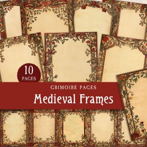 May include: Ten printable pages with medieval-style frames. Each page features a different ornate border design with floral and vine motifs in shades of green, red, and brown. The pages are perfect for creating invitations, scrapbooking, or adding a vintage touch to your projects.