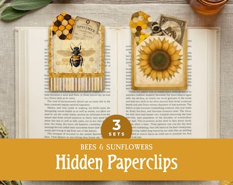 Bees & Sunflowers Hidden Paperclips, Printable Honey Bookmark Loaded Pockets, Summer Botanical Scrapbooking Project, Junk Journal Ephemera