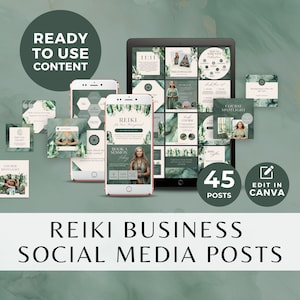 May include: A set of 45 social media posts for a Reiki business. The posts feature a green and white colour scheme with crystals and a quote about Reiki. The text "REIKI BUSINESS SOCIAL MEDIA POSTS" is at the bottom of the image. The text "45 POSTS" is in a circle with a green background. The text "EDIT IN CANVA" is in a white rectangle with a green border.