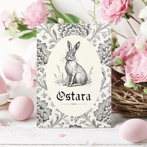 May include: A white card with a black and white illustration of a rabbit. The card has a floral pattern and the word "Ostara" printed on it.