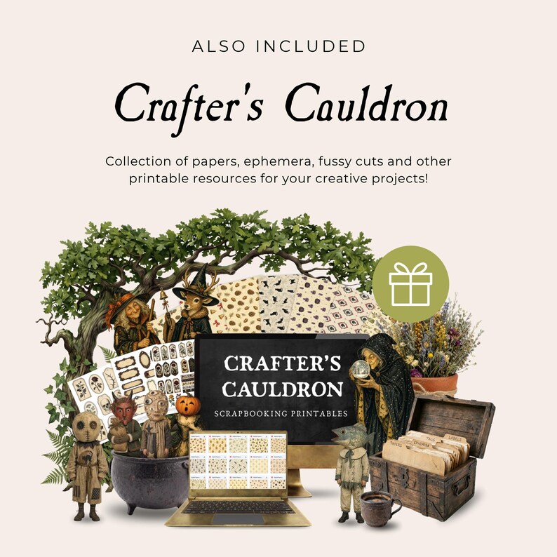 May include: A digital collection titled Crafter's Cauldron featuring printable scrapbooking resources, including papers, ephemera, and fussy cuts. The display shows a laptop, a black cauldron, a wooden chest with index cards, and various witchy illustrations.