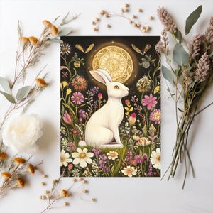 Ostara Printable Greeting Card, Spring Equinox Hare Postcard, Pagan Easter Bunny Print, Whimsical White Rabbit Art, Sabbat Altar Decoration