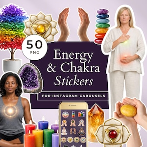 Może przedstawiać: Obraz cyfrowy przedstawiający grafikę duchową i wellness. Obraz zawiera tęczowe drzewo, kryształ ametystu, świece i symbole czakr. Tekst brzmi "Energy & Chakra Stickers for Instagram Carousels."